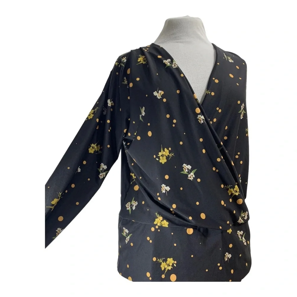 Dorothy Perkins Floral Blouse Top Long Sleeves Black Wrap Front Stretch UK 12 - Picture 5 of 15